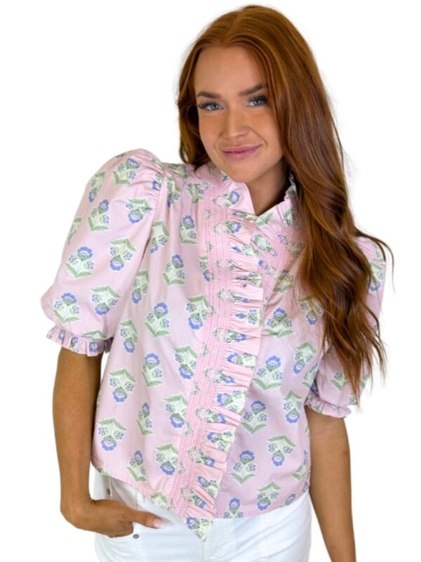 PINK FRENCH FLORAL RUFFLE PUFF SLV TOP