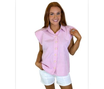 PINK CHECK POPLIN BUBBLE SLV TOP