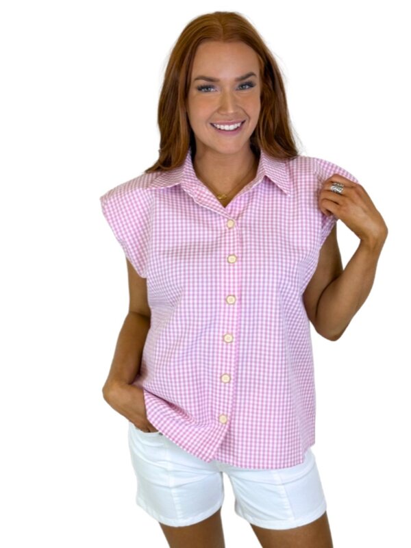 PINK CHECK POPLIN BUBBLE SLV TOP