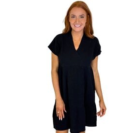  TIERED VNECK GAUZE BLACK DRESS