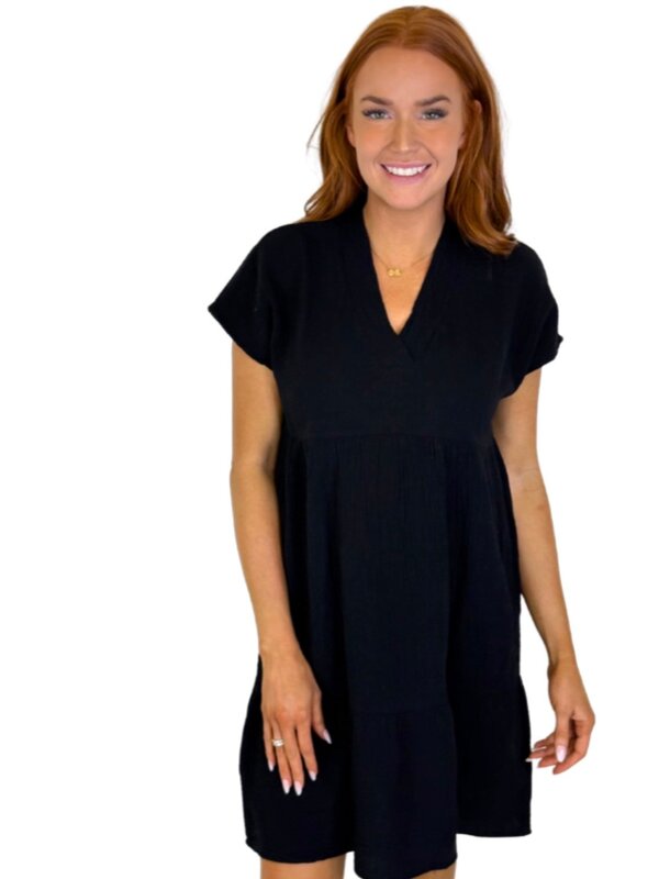 TIERED VNECK GAUZE BLACK DRESS