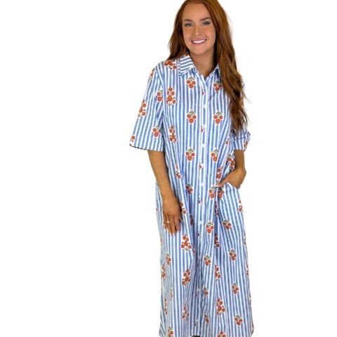 BLUE STRIPE FLORAL MAXI DRESS