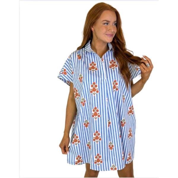  BLUE STRIPE FLORAL SHIRT DRESS