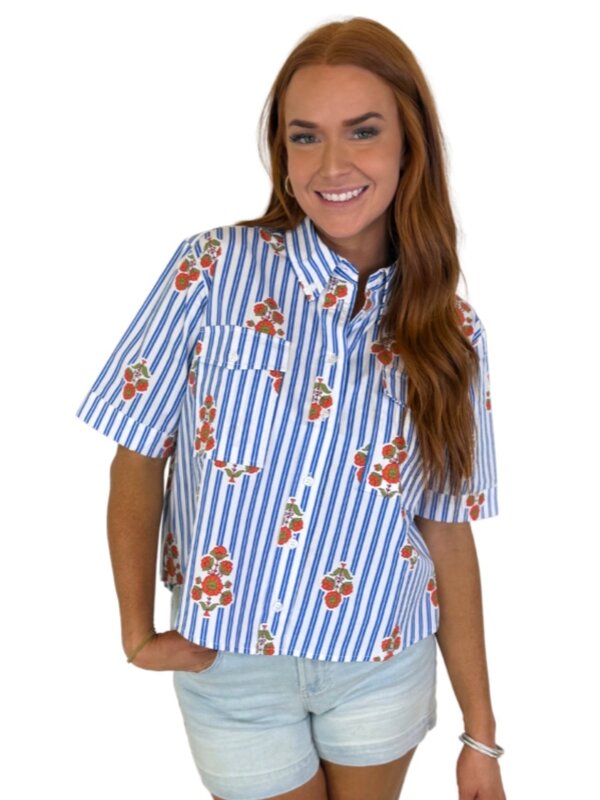 BLUE STRIPE FLORAL POCKET CAMP TOP