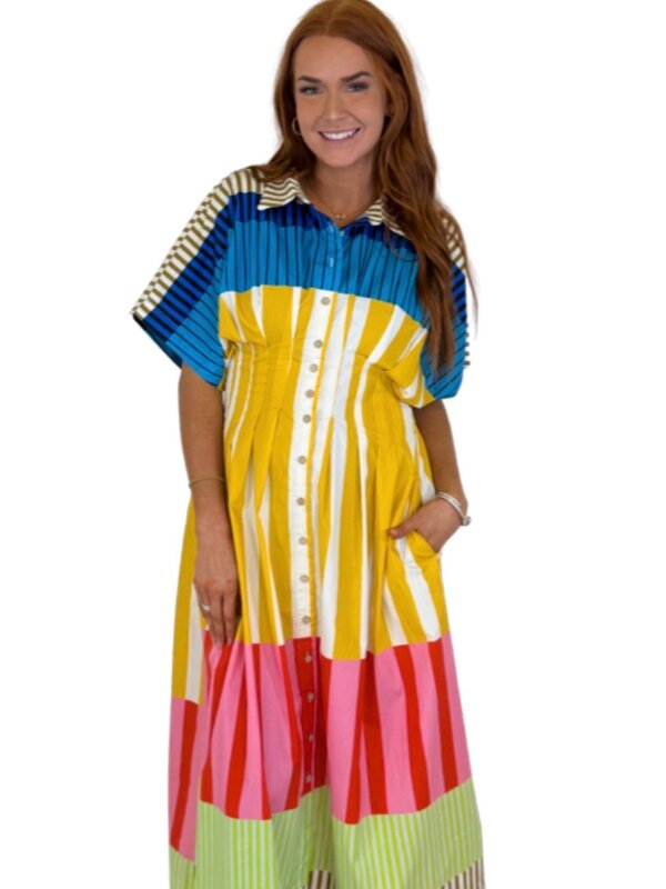 MULTI STRIPE BUTTON MAXI DRESS