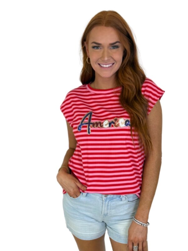 RED STRIPE SEQUIN AMERICA TOP
