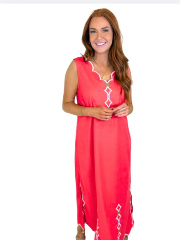 CORAL SCALLOP DRESS W/ EMB