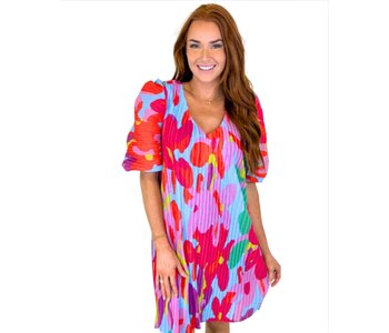 Red Floral Pleat VNeck Dress