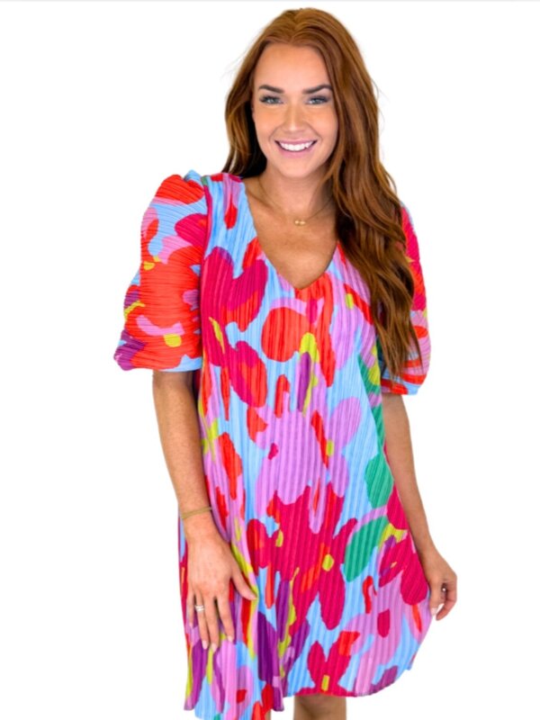 Red Floral Pleat VNeck Dress