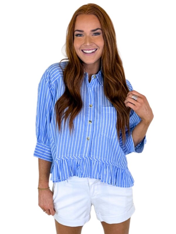 BLUE STRIPE RUFFLE BOTTOM TOP