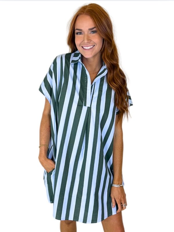 BLUE/GREEN BOLD STRIPE VNECK DRESS