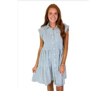BLUE BUTTON UP STRIPPED RUFFLE DRESS