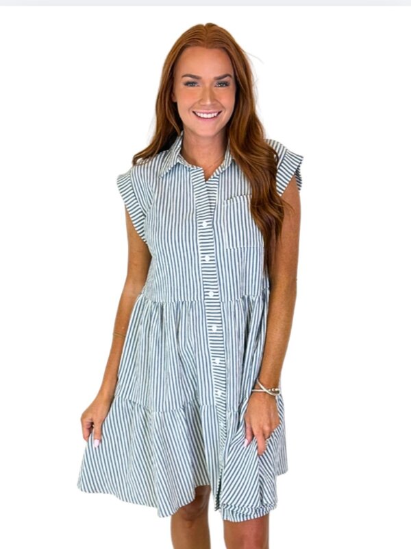 BLUE BUTTON UP STRIPPED RUFFLE DRESS
