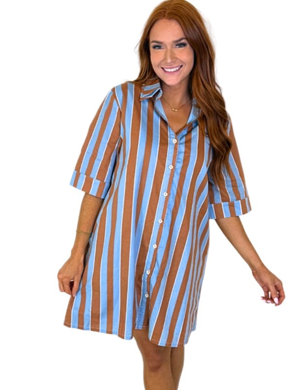 BLUE/BROWN BOLD STRIPE DRESS