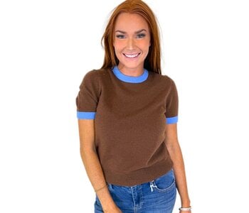 BROWN/BLUE SHORT SLV SWEATER