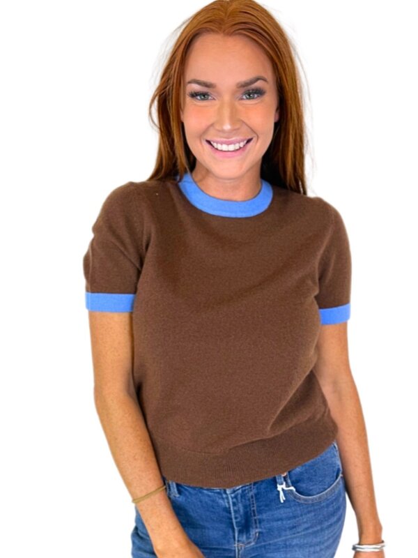 BROWN/BLUE SHORT SLV SWEATER