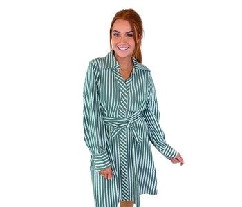 GREEN STRIPES COLLAR WAIST PLEATED SHIRTDRESS
