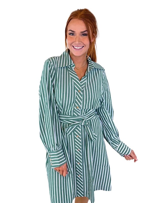 GREEN STRIPES COLLAR WAIST PLEATED SHIRTDRESS