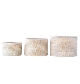 Natural Woven Seagrass Baskets w/ Lid, Whitewashed