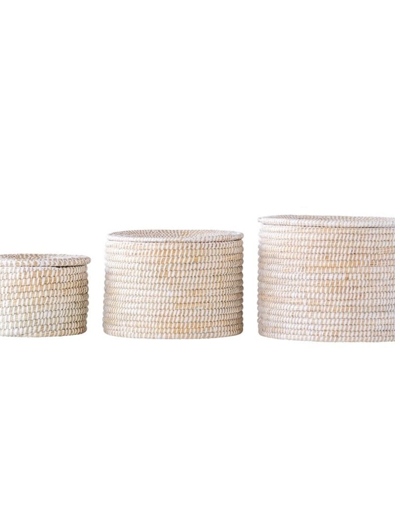 Natural Woven Seagrass Baskets w/ Lid, Whitewashed