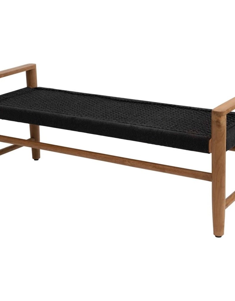 Teak wood bench with cotton woven seat black 45.5"W 15.5"D x 18.25" H