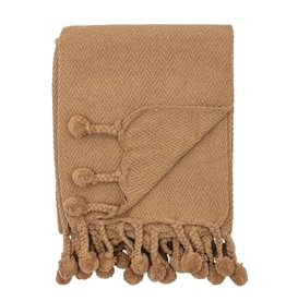 60"L Cotton throw w/Poms, Iced Coffee