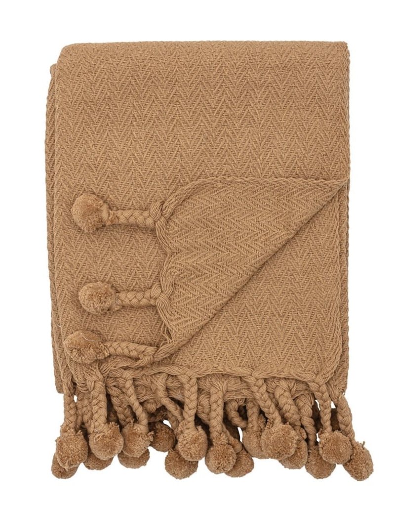 60"L Cotton throw w/Poms, Iced Coffee