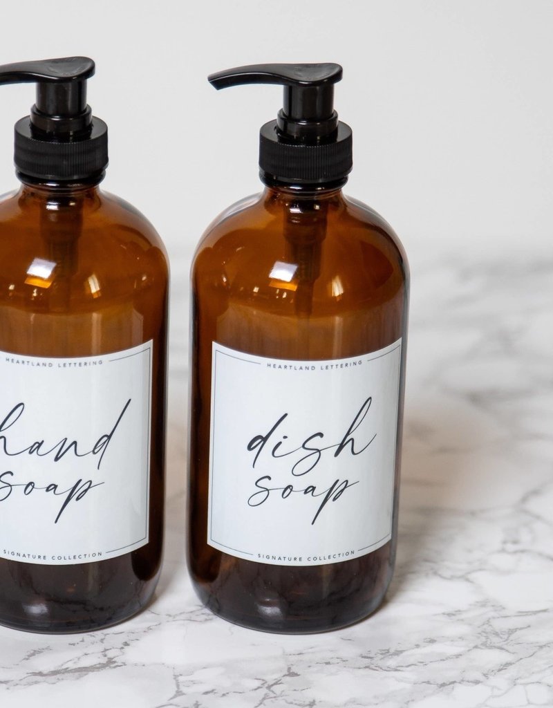 Amber Glass Soap Dispensers (Handwritten Label) Set/2