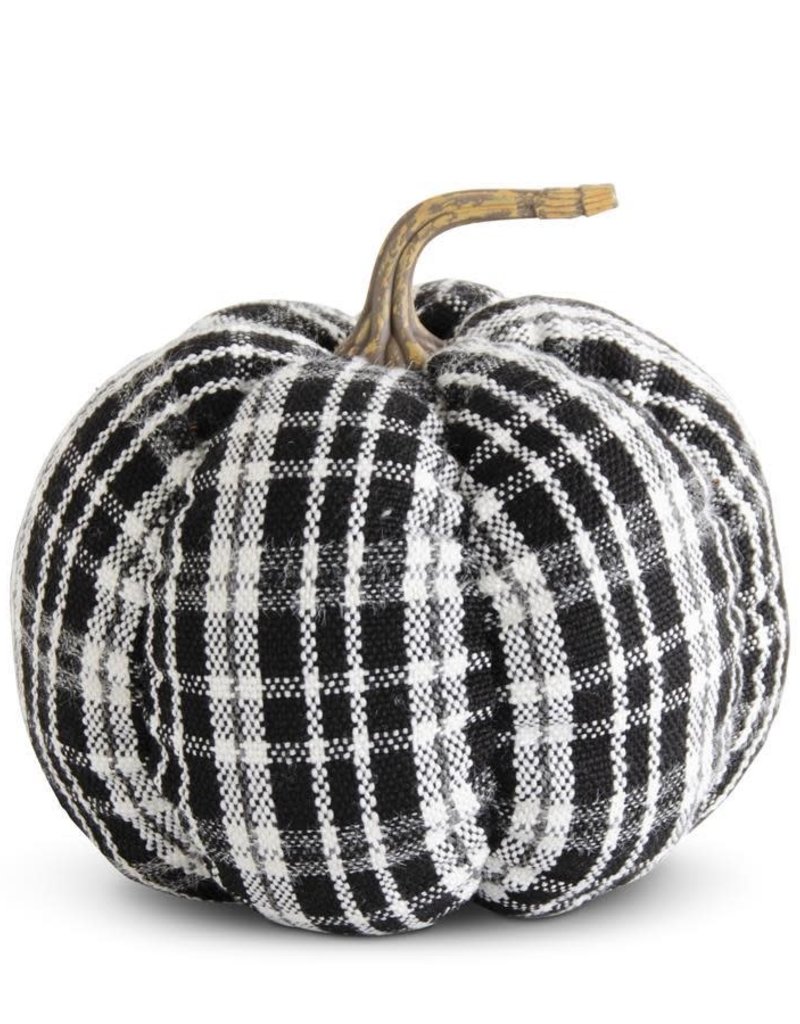 8 Inch Black & White Plaid Fabric Pumpkin w/Resin Stem