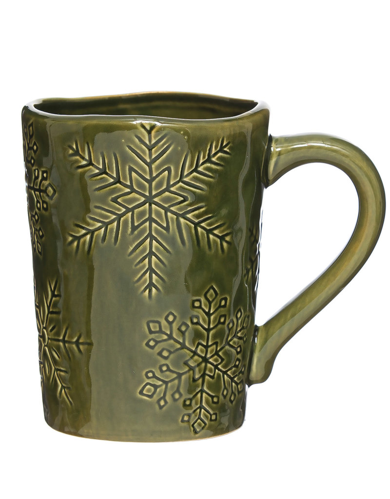 Stoneware Mug with Snowflakes, Reactive Glaze, Green