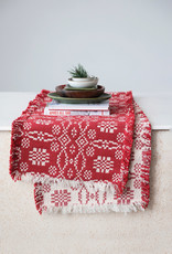 Two-Sided Woven Cotton Table Runner with Pattern and Fringe, Red and White