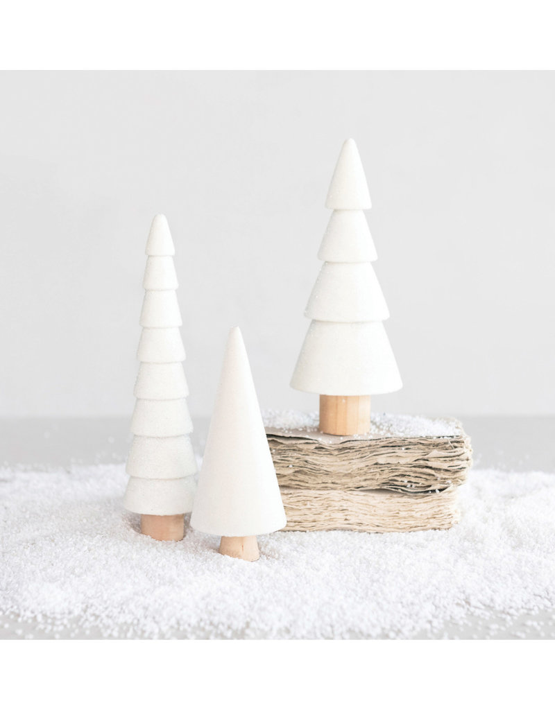 Flocked Wood Trees with Glitter, White