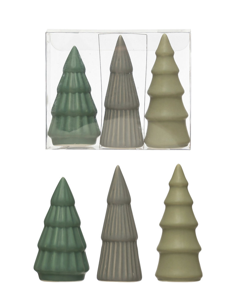 3-1/2"H Stoneware Trees, Matte Finish, Grey, Blue and Green, Boxed Set of 3