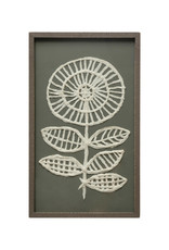 Wood Framed Glass Wall Décor w/ Handmade Textured Paper Flower, Grey & White
