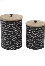 S/2 Blk Metal Geometric Jars W/Wood Lids