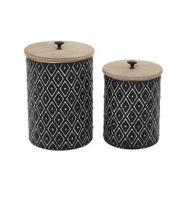 S/2 Blk Metal Geometric Jars W/Wood Lids