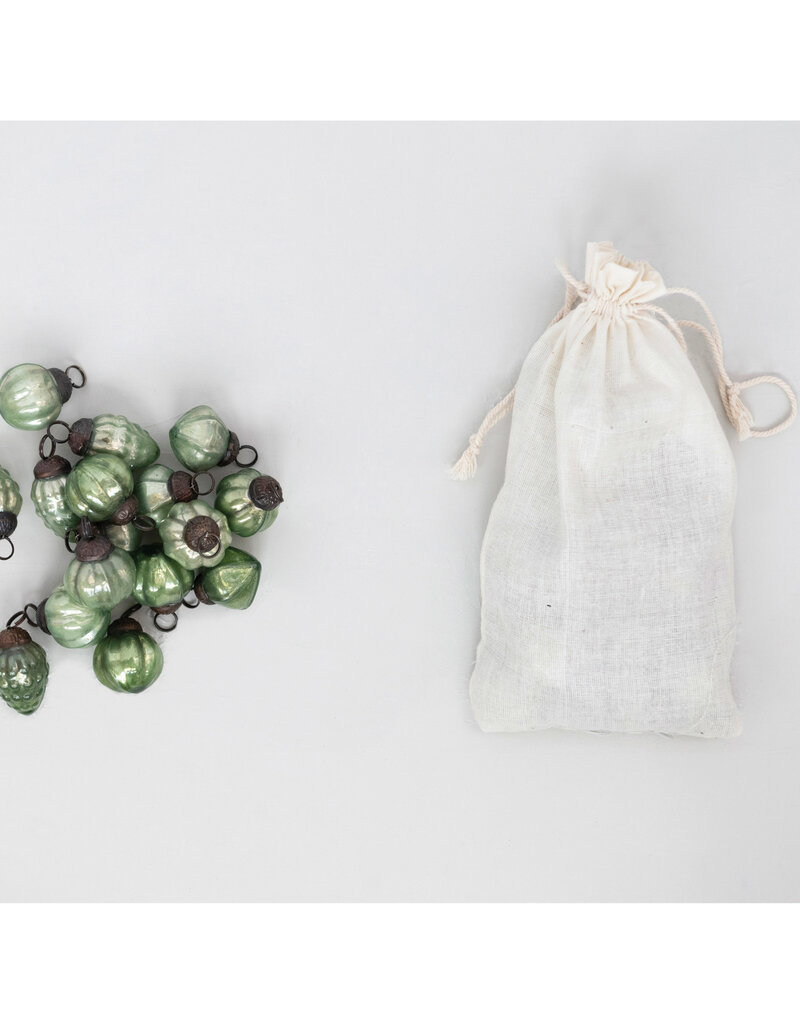 1"H Mercury Glass Ornaments in Muslin Bag, Green, Set/36