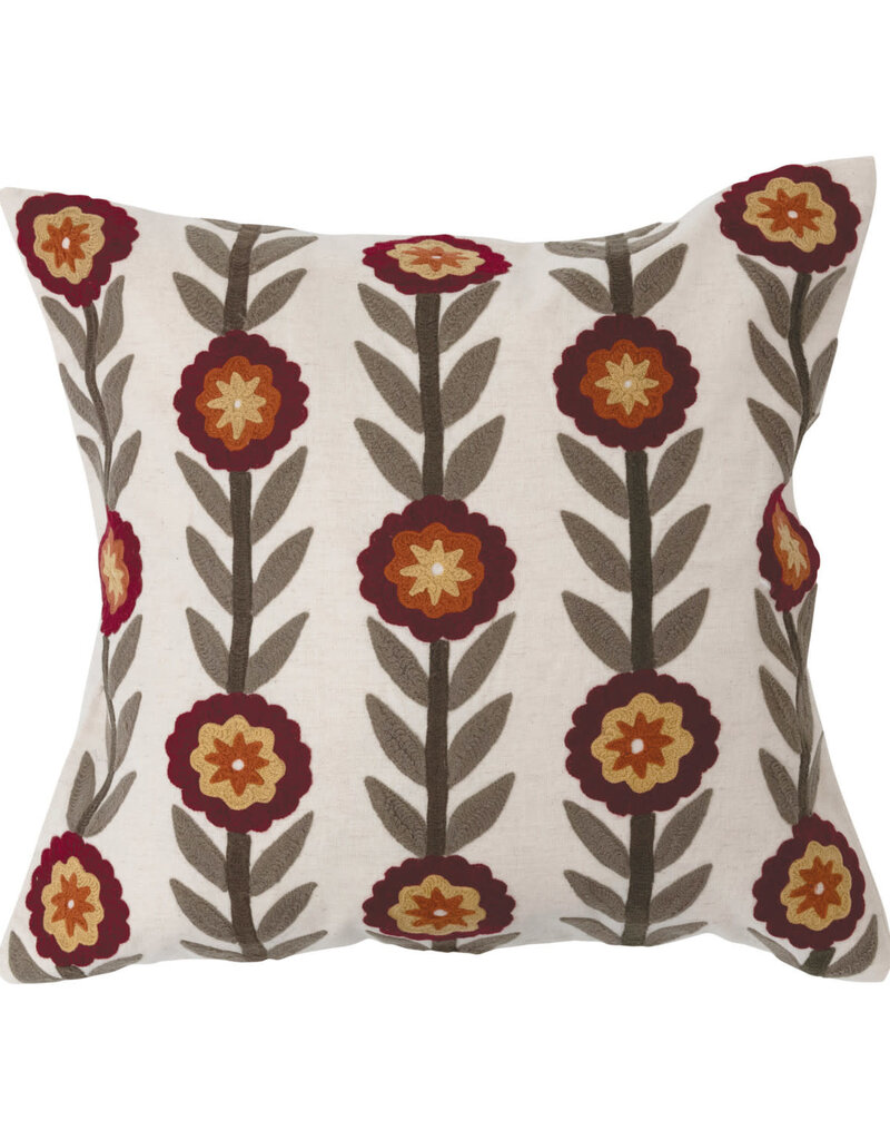18" Cotton Embroidered Pillow w/ Flowers
