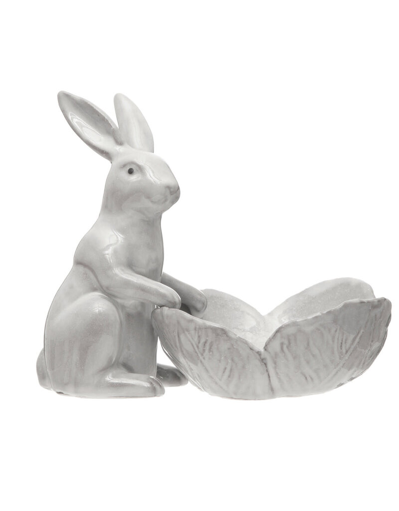 Stoneware Rabbit w/ Flower Shaped Bowl, Reactive Glaze, Set of 2
