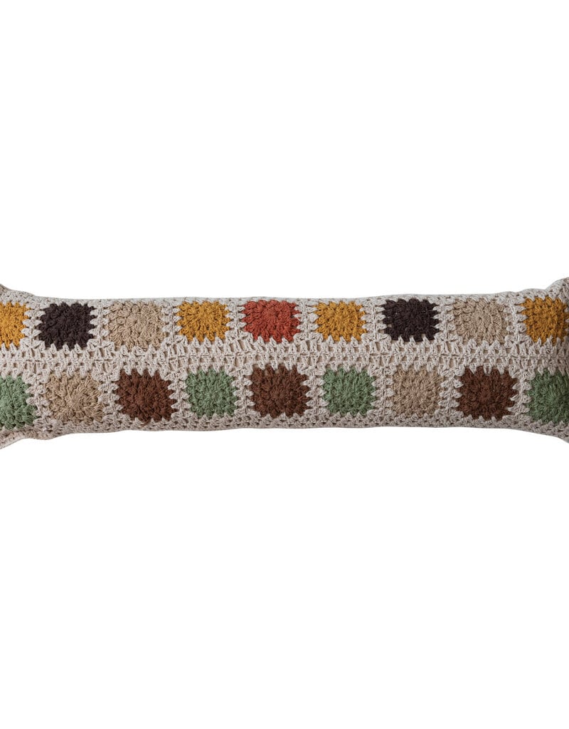 36"L x 10"H Cotton Crocheted Granny Square Lumbar Pillow w/ Block Pattern