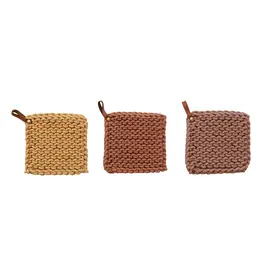 8" Cotton Crochet Pot Holder, w/Leather Loop