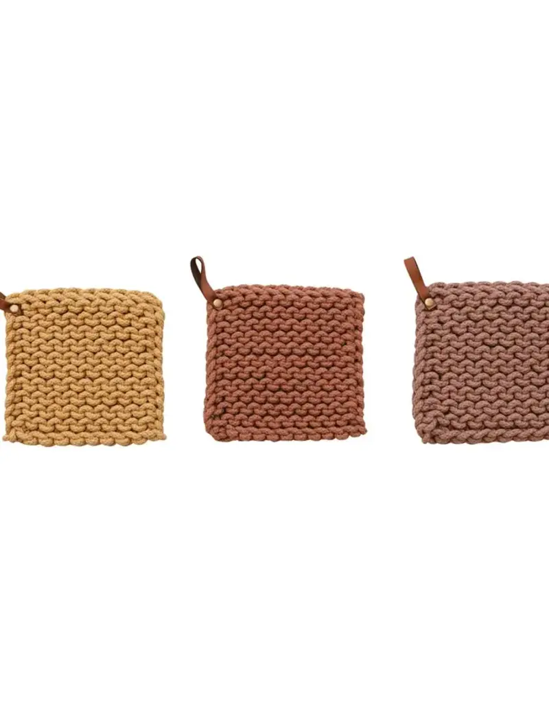 8" Cotton Crochet Pot Holder, w/Leather Loop