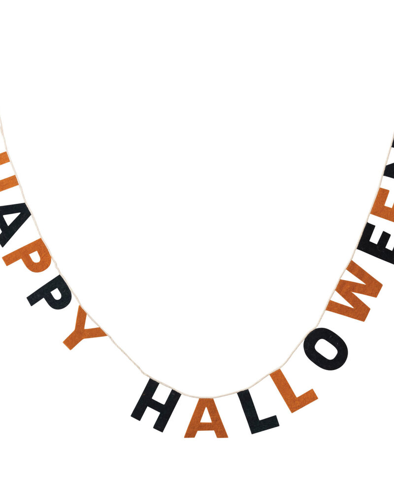 72"L Handmade Wool Felt Banner "Happy Halloween", Orange Color & Black