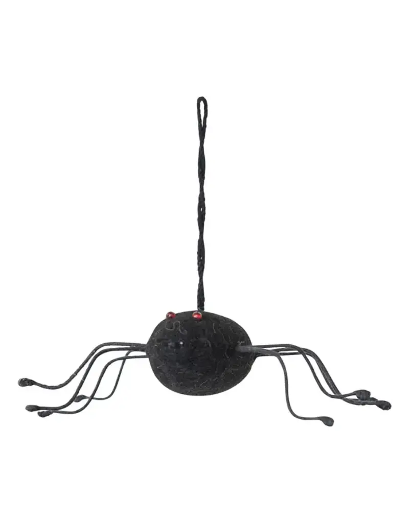 Handmade Wool Felt & Wire Spider Ornament w/ Red Glass Bead Eyes, Black