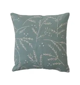 20" Square Cotton Slub Pillow w/ Floral Embroidery, Mint Color & White