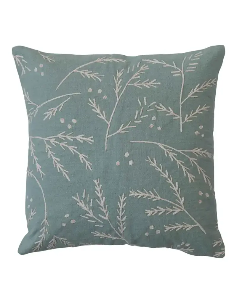 20" Square Cotton Slub Pillow w/ Floral Embroidery, Mint Color & White