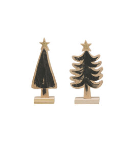 6-1/4"H Wood Tree, Natural and Black with Gold Star, 2 Styles