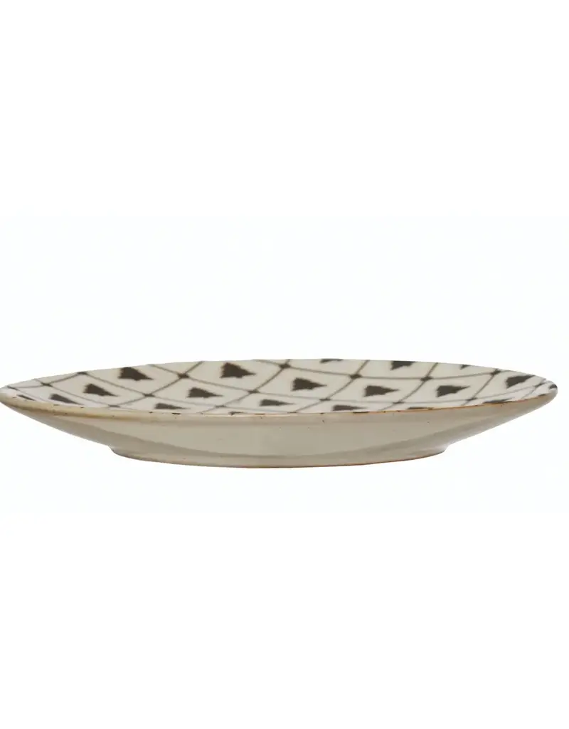 6" Round Stoneware Plate with Tree Pattern, Reactive Glaze, White and Black