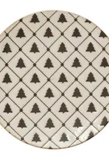 6" Round Stoneware Plate with Tree Pattern, Reactive Glaze, White and Black