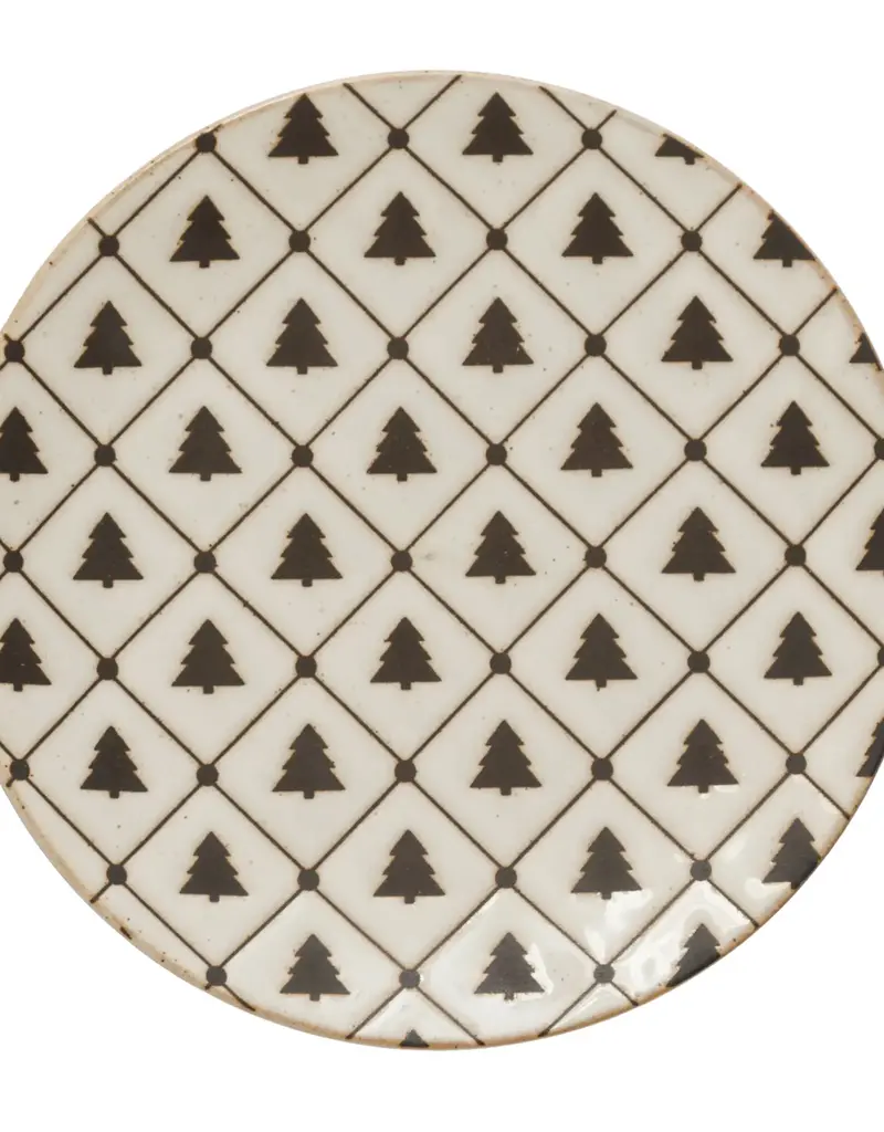 6" Round Stoneware Plate with Tree Pattern, Reactive Glaze, White and Black